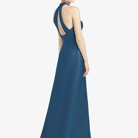 NWT Alfred Sung Dusk‎ Blue High Neck Cut Out Satin Dress Size 6 - Picture 1 of 8